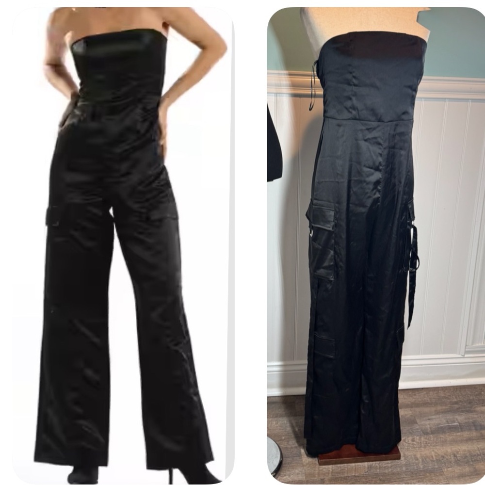 Kelsis Satin Cargo Wide-Leg Strapless Jumpsuit women’s SZ M